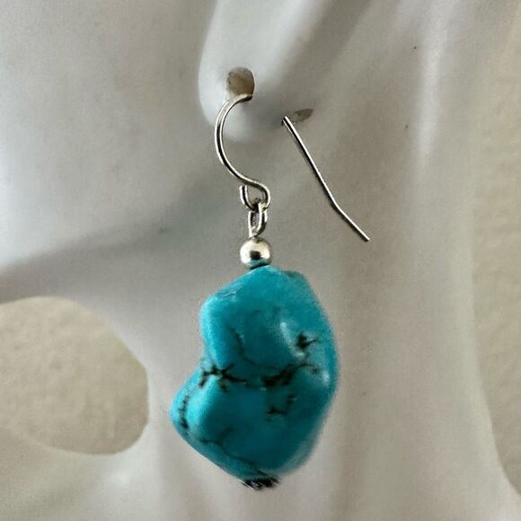 Lee Sands Chunky Turquoise Nugget Drop Earrings on Sterling Hooks - Picture 6 of 8